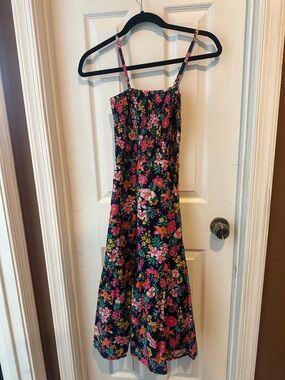 J. Crew Factory Navy Floral Midi Dress with Pink & Green Accents
